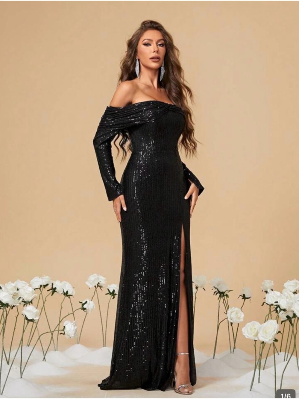 Off-Shoulder Black Sequin Evening Gown